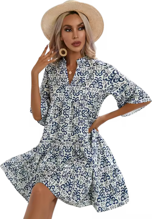Vestido corto informal con estampado Floral para mujer, minivestido playero bohemio con manga de loto y cuello en V, color azul - 1