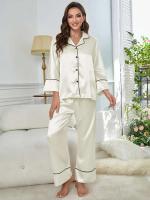 Ropa de dormir de satén de seda, pantalones con cuello ranurado, conjunto de camisón de 2 piezas, Tre y otra ropa informal para mujer - details 34