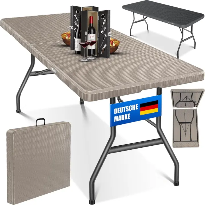 Mesa Buffet Plegable de plástico 180 x 75 cm con Aspecto de ratán, Mesa de Fiesta, de jardín para terraza y balcón 6 Personas Incl. asa de Transporte, Antracita. - 1