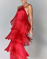 Vestido con abertura y espalda descubierta con flecos y cuello a la moda para mujer - details 7