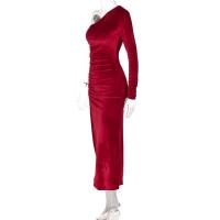 Vestido Bodycon De Veludo Elegante Para Mujer Con Abertura Lateral Manga Larga Para Fiesta Noche Primavera Otoño Vestido Midi Ajustado - details 12
