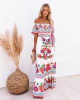 Vestido Largo para Mujer Verano 2025 Escote Palabra de Honor con Estampado de Flores Rojas - details 7