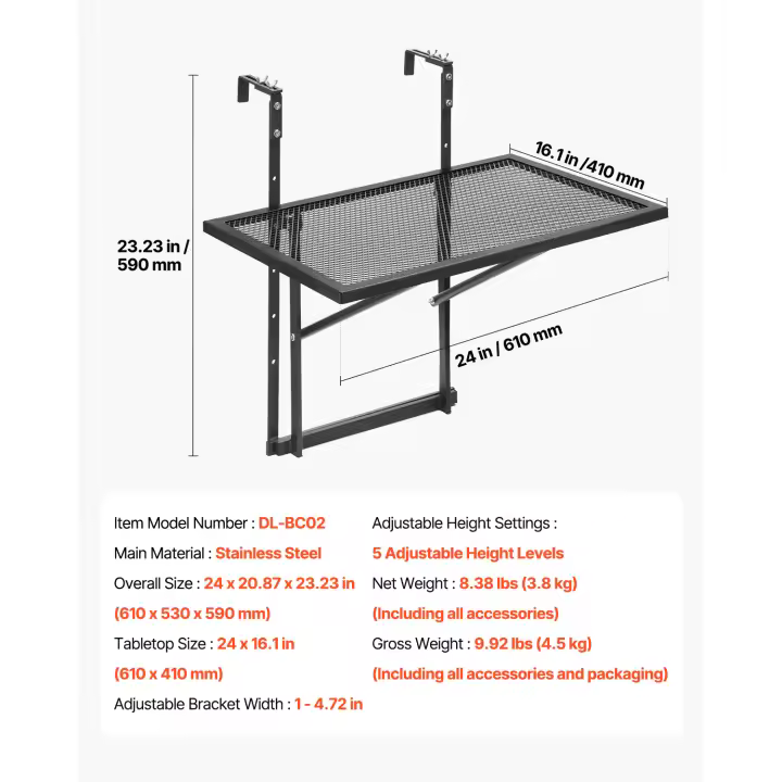 SucceBuy Mesa colgante para balcón, mesa con barandilla plegable de metal de 19 x 24 pulgadas, ajustable en 5 niveles para barandillas de 1 a 4,7 pulgadas, mesa de bar para exteriores para patio y terraza - 1