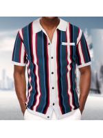 Verano de los hombres cárdigan de punto camiseta de manga corta solapa rayas casual polo camisa de los hombres. - details 3