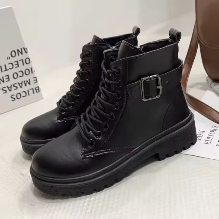 Moda casual muffin botas de mujer negras de suela gruesa con cordones y suela gruesa - 1