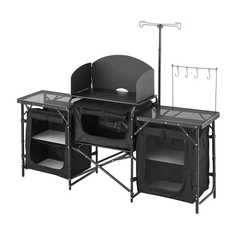 SucceBuy Mesa de cocina para acampar: estación de cocina portátil para exteriores con 3 armarios de almacenamiento, parabrisas y bolsa de transporte para barbacoa, picnic, viajes en caravana - 1
