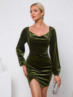 Vestido de fiesta de terciopelo de manga de burbuja de cuello Delgado para mujeres - details 5