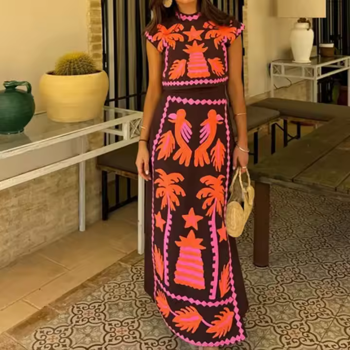 Conjunto de Moda Vintage para Mujeres Vestido de Cintura Corta y Cuello Redondo - 1
