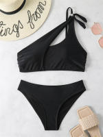 Bikini de un hombro para mujer, traje de baño negro liso, conjunto de dos piezas, ropa de playa, 2024 - details 3