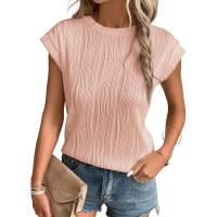 Camisetas con textura de manga corta para mujer, camisetas básicas informales holgadas de punto con cuello redondo, blusas - details 10