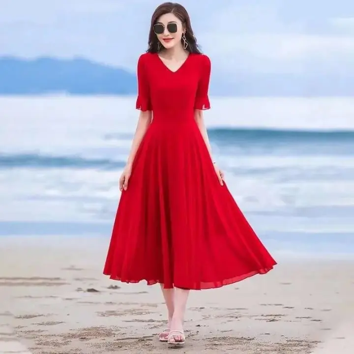Verano bohemio mujeres largo Color sólido manga corta cuello en V 5XL vestido veraniego de gasa Maxi vestido de noche para mujer Vestidos de fiesta - 1