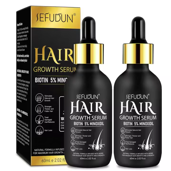 Paquete de 2 sueros de crecimiento de Minoxidil al 5%, cabello de hombres y mujeres con Minoxidil, tratamiento de suero de crecimiento de biotina de 2,02 oz para hacerse más grueso - 1
