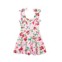 TRAFZA-Vestido corto sin hombros con estampado de frutas para mujer, minivestido elegante con cremallera, informal, con lazo, sin mangas, Verano - details 3