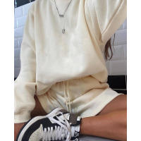 Wind Conjunto de pantalones cortos y sudadera con cuello redondo informal holgado de Color puro para mujer - details 28