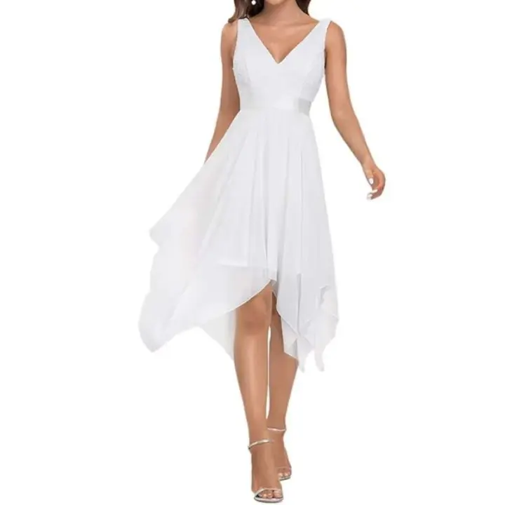 Vestido de Fiesta de Encaje Blanco para Mujer 2025 Cuello Profundo en V, Sin Mangas, Vestido de Noche de Chifón Vintage - 1