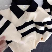 2025 nuevo estilo coreano primavera otoño suéter para niños niñas dos piezas botón rayas solapa Top de punto Casual ajuste elegante - details 2