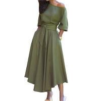 2025 primavera ropa de mujer europea y americana correa cintura temperamento vestido de hombro inclinado - details 6