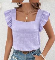 Camiseta plisada de talla grande para mujer, chaleco de manga voladora, blusa con cuello Barco, holgada, informal, Otoño, verano, 42, 44, 46 - details 7