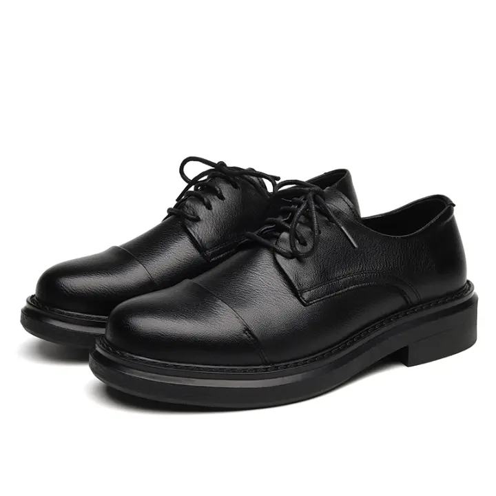 Zapatos de negocios de cuero informales retro negros con cordones y caña baja de cuero para hombre - 1