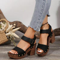Sandalias de plataforma de tacón alto para Mujer, zapatos de cuero sintético con remaches, zuecos con hebilla en el tobillo, verano, 2024 - details 5