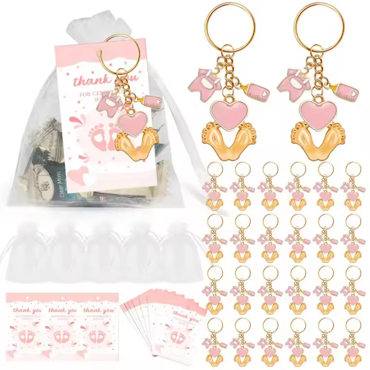 Llaveros con huella para Baby Shower, regalos con biberón, ropa de bebé, bolsas de Organza blancas para suministros de fiesta - 1