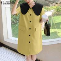 ZANZEA moda verano cuello de solapa vestido veraniego de manga corta Vestidos de oficina para mujer 2025 Casual Patchwork Vestidos de vacaciones bata Mujer - details 3