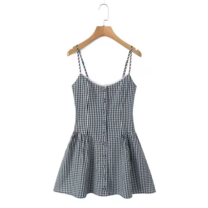 Nueva ropa de mujer, vestido de tirantes con apertura y cierre de botones a cuadros de moda de diseño francés europeo y americano - 1