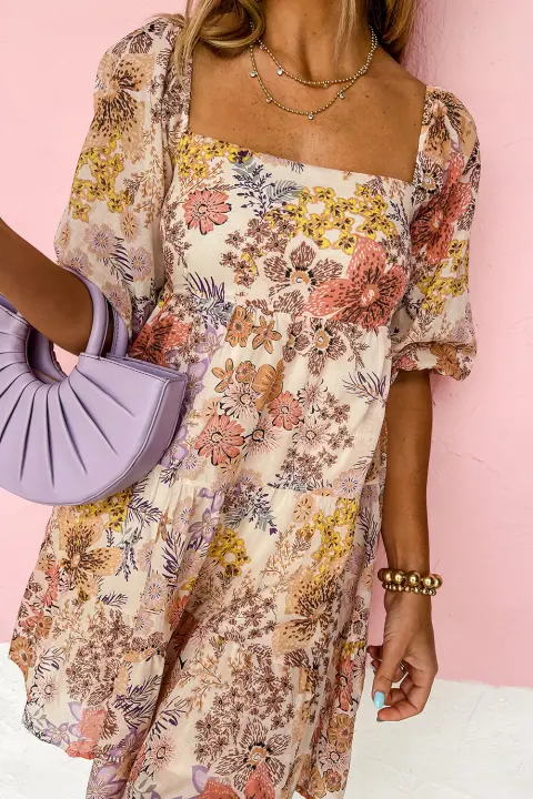 Elrachen Mini vestido floral de manga corta con cuello cuadrado para mujer, caqui, tallas S-2XL - 1