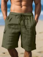 Pantalones cortos Cargo de lino con múltiples bolsillos para hombre, pantalones cortos con cordón de cintura a la moda para exteriores - details 0