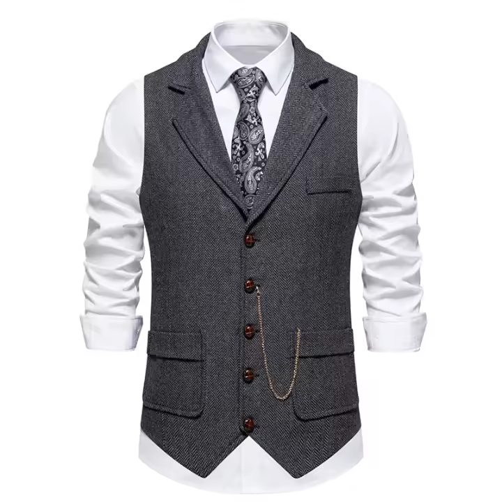 Chaleco Retro con solapa y cadena para hombre, traje con bolsillos de Tweed grueso en espiga a la moda, informal, Vintage, para fiesta de ocio - 1