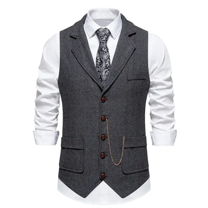 Chaleco Retro con solapa y cadena para hombre, traje con bolsillos de Tweed grueso en espiga a la moda, informal, Vintage, para fiesta de ocio - 1