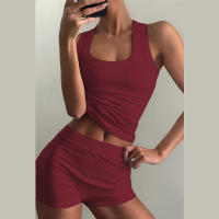 BUNO-chándales informales para Mujer, conjunto de 2 piezas, chalecos cortos elásticos con cuello en U y pantalones cortos acanalados, ropa deportiva concisa para gimnasio - details 26