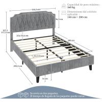 Marco de cama con cabecera tapizada, altura ajustable, soporte de láminas de madera y patas metálicas, color gris oscuro. - details 27