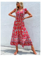 Vestido Boho Floral Vintage Manga Corta, Cuello en V, Vestido de Playa de Verano Bohemio - details 8