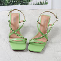 Sandalias de mujer de talla grande, color sólido, estilo trenzado, tacón alto con tiras y punta cuadrada - details 18