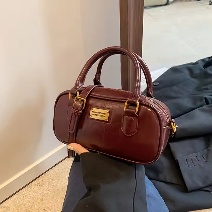 Bolso de hombro convertible para mujer - Bolso Boston con correa desmontable, detalles en tonos dorados y cierre de cremallera, marrón café/negro, versátil para uso informal y formal, bolso pequeño cruzado, accesorio de viaje, bolso elegante, herrajes pul - 1