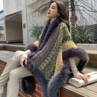 Chaleco de poncho para mujer con borlas de piel sintética abrigo cardigan de punto grueso con bloque de color para otoño e invierno material acrílico - details 10