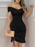Vestido de noche Sexy brillante con hombros descubiertos para mujer, vestido ajustado informal con volantes, elegante con cordón - details 2