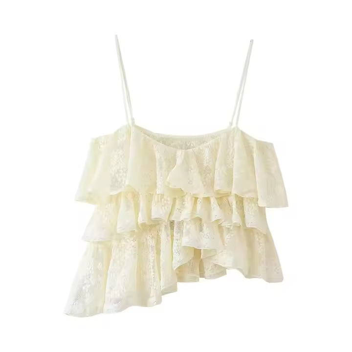 PB & ZA-top con tirantes asimétricos decorativos apilados de encaje, novedad de verano, top con tirantes sencillo y dulce para mujer 2025 - 1