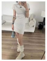 Elegante Vestido de Algodón Puro con Bordado de Letras Chic de Verano Cuello Redondo Delgado, Manga Corta Versátil, Color Sólido, Moda para Mujeres - details 2