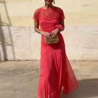 Elegante Vestido de Fiesta de Moda Manga Corta, Cuello O, Vestido Largo con Pliegues y Parches de Malla Ropa de Comodidad Casual para Mujeres - details 3