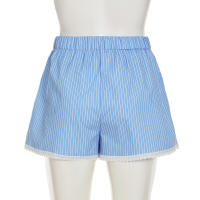 Pantalones cortos básicos cómodos e informales sueltos con botones de cintura elástica tejidos a rayas de verano para mujer - details 90