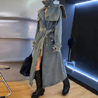 Abrigo de mezclilla largo para mujeres, trench de otoño e invierno, de manga larga, con cuello tipo chal, doble botonadura, con - details 3