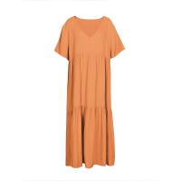 Vestido de talla grande para mujer, verano 2025, manga corta, plisado, Color sólido, informal, por debajo de la rodilla, dobladillo, vestido suelto XL-5XL - details 5