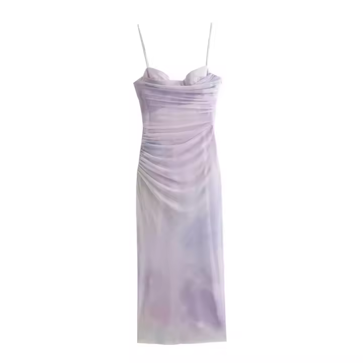 Vestido de malla de seda estampado plisado de moda para mujer estilo europeo americano - 1
