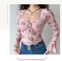 Camisetas de Vacaciones Dulces Florales Blusa de Oficina de Gasa con Cordones y Manga Campanada - details 7