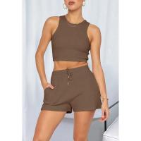 Conjunto de dos piezas de verano para mujer, chaleco sin mangas de color sólido con textura gofre y pantalones cortos casuales de moda. - details 23