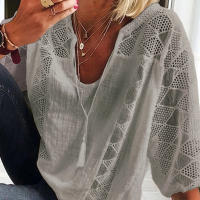 Blusa de Lino y Algodón para Mujer Cuello en V, Manga 3/4, Blusa Holgada Informal, Moda Diaria - details 15