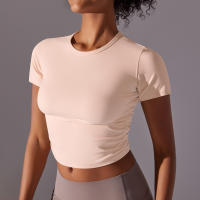 Hamidou-camisetas deportivas ajustadas de manga corta para mujer, Tops atléticos de color sólido para entrenamiento, gimnasio, correr, ropa deportiva - details 5