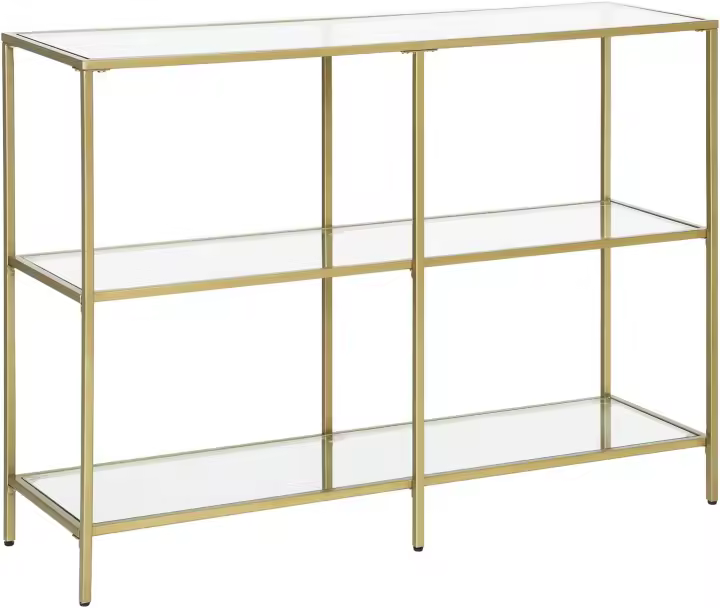 Tavolo Consolle Ingresso, Scaffale a 3 Ripiani in Vetro Temperato, 30 x 100 x 73 cm, Struttura Metallo, Moderno, Corridoio Soggiorno Camera da Letto, Oro Metallico e Trasparente LGT27G - 1